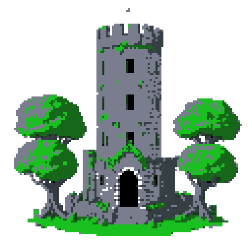 2d grey stone tower in an ancient english style. Old and crumbling but still upright. Green vines crisscross it. Usable as an asset (clear, thick lines and a white background). Put a black stroke around the composition