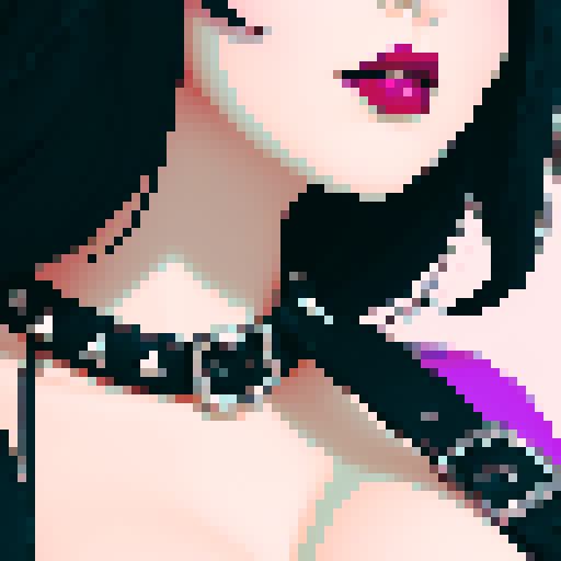 curvy, busty goth, cute goth woman's face, black hair, purple eyeshadow, red lipstick, studded leather string bikini, face portrait, beauty photo, vibrant sRGB colors, pixel art
