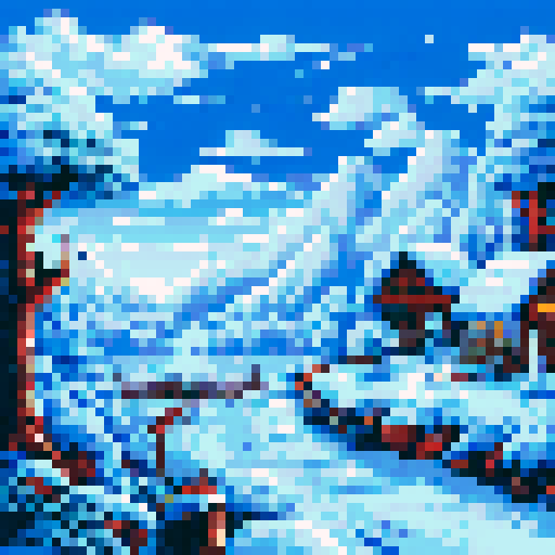 Cozy cabin nestled in a snowy, pixel art mountain landscape, with a background of sRGB colors creating a serene and immersive winter wonderland