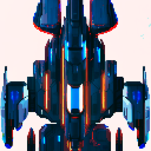 sleek and angular space battleship, glowing blue propulsion engines, futuristic design, metallic hull with rivets, pixelated details, vibrant colors, dynamic composition, long ship body, long desk, mirror place