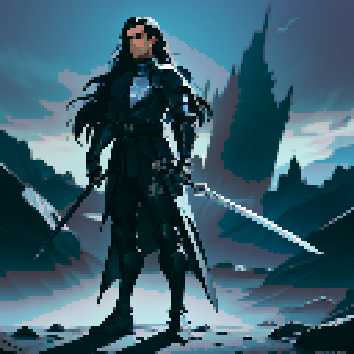 full-body image, male knight, man in black armor, giant sword, long black hair, sexy, male dark knight, giant sword, huge long sword, long hair