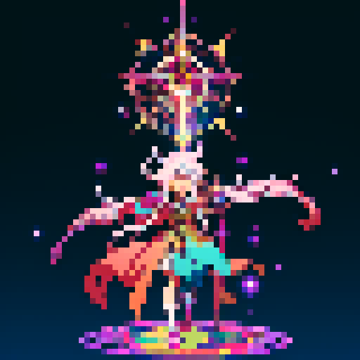 legendary anime girl wizard, long flowing hair, vibrant and dynamic colors, glowing magical staff, intricate and ornate robes, intense and focused expression looking to the right, not wearing shoes, sparkling and shimmering background, detailed and precise pixel art
