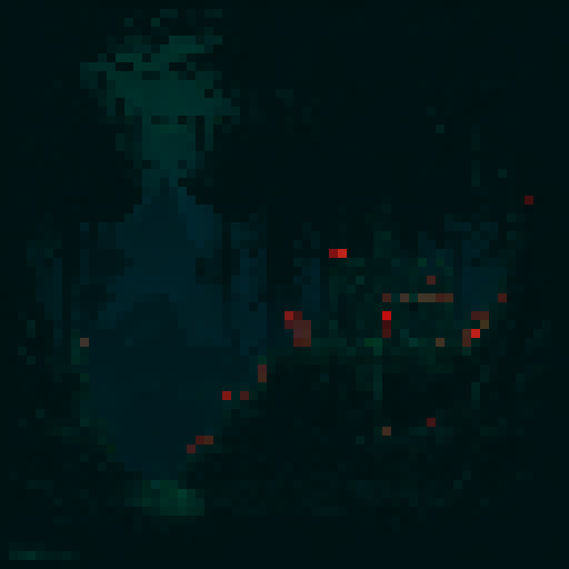 Gloomy dungeon with dark colors, pixel art, top-down view, sRGB, featuring a haunting background and eerie landscape