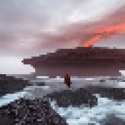 Rust-colored cyclones swirl above jagged rock formations in a barren wasteland, as a lone figure trudges towards an ominous, abandoned structure in the distance.