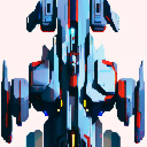 sleek and angular space battleship, glowing blue propulsion engines, futuristic design, metallic hull with rivets, pixelated details, vibrant colors, dynamic composition, long ship body, long desk, mirror place