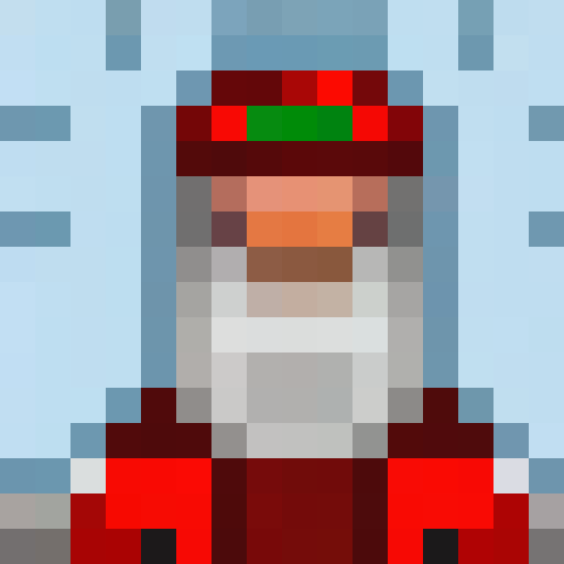 Santa Claus, snowy veranda, game icon, 16x16, pixel art, portrait, rosy cheeks, white beard, red hat, twinkling eyes, jolly smile, round glasses, fur-trimmed coat, mittens, snowflakes, icicles,
