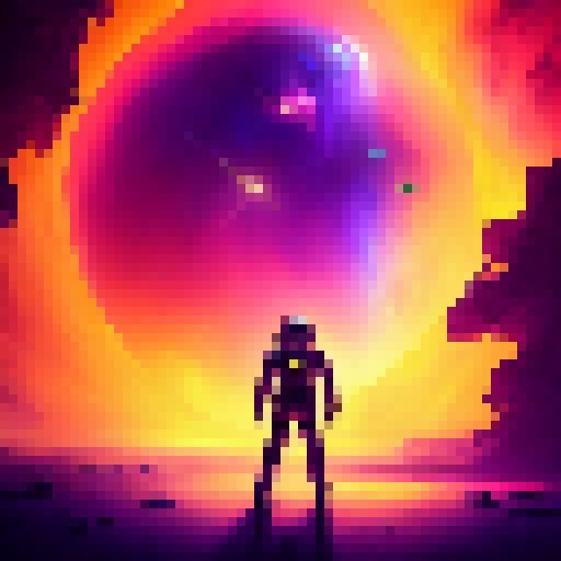 Floating in a vibrant nebula, a fearless fantasy astronaut in a sleek spacesuit wields a glowing laser sword against a swarm of metallic intergalactic insects.