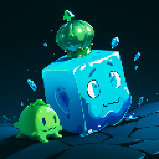 Blue Slime cube, Gelatinous cube, wearing crown, giant Slime, boss fight