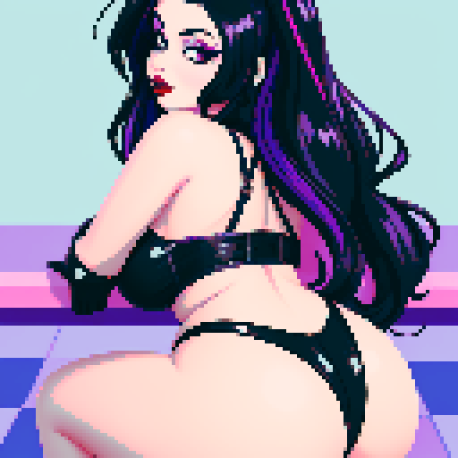 curvy goth girl sitting, black hair, purple eyeshadow, red lipstick, rear end view, rear view glamour shot, pixel art, vibrant sRGB colors, edgy aesthetic