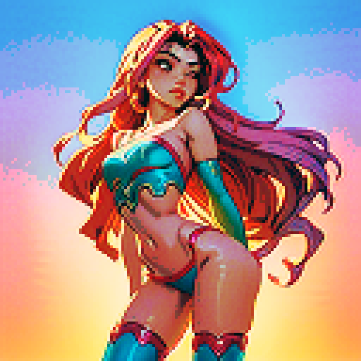 sexy, naked woman with flowing, luscious hair, sensually bending over, engaged in passionate lovemaking, rendered in vibrant sRGB colors, with intricate details and vibrant pixel art strokes
