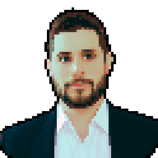 anime character with vibrant hair and expressive eyes, surrounded by a colorful pixel art backdrop in sRGB color space