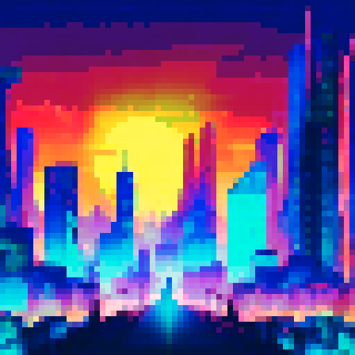 A towering, neon-lit skyscraper rises above a sprawling, pixelated cityscape with a vibrant, sRGB color scheme, all set against a starry, futuristic background reminiscent of a sci-fi landscape