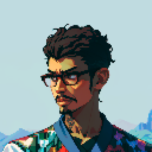 Southeast Asian man, short curly hair, round glasses, tanned, goatee, diamond shaped face, Wearing a robe
