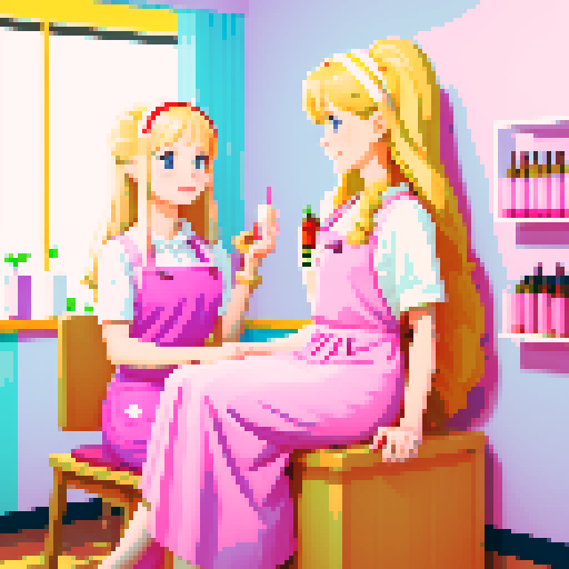 A girl with long blonde hair wearing a pink apron, a friend with short brown hair, sitting opposite of each other, nail salon, nail polish bottles on the walls. 