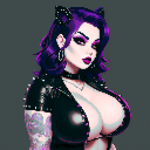 curvy, cute, busty greaser goth girl, with purple hair, black eyeshadow, red lipstick. Very busty wearing bikini, studded collar. Posing in a sexy seductive glamour shot, whole head portrait, avatar photo. vibrant sRGB colors, pixel art, edgy aesthetic