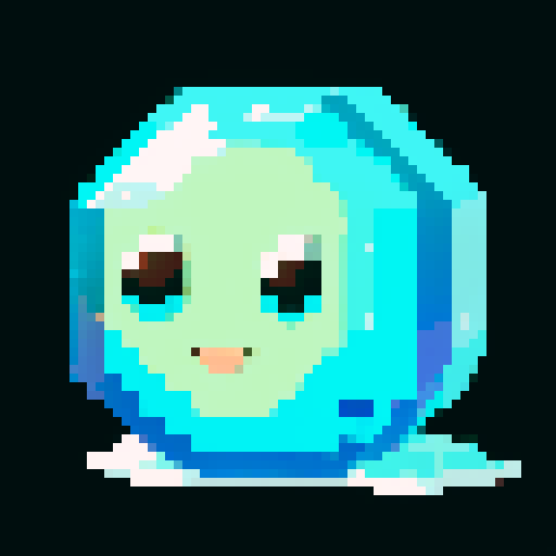 A sparkling, semi-transparent slime with a crystalline structure. It has shimmering facets, bright eyes, and a cheerful smile. No background.
