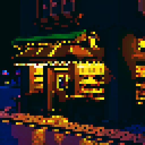 exterior of a bar, street light, night time, nocturne, black, dark purple, brown, gold, pixel art style, sRGB
Cozy Character
4 images