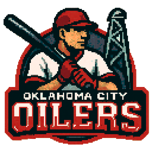 Pixel art of a fictional baseball team called the Oklahoma City Oilers. red, black and white, sharp outlines, and soft pixel shading. The logo design mimics 80s MLB logos. Use a vibrant Sega Genesis 16-bit style with selective dithering, geometric forms, and nostalgic retro charm. Avoid modern gradients—keep it pure pixel art.