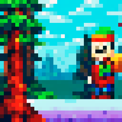 Pixel figure, with a green cap and a bright red scarf, standing on a snow-covered hill with a few trees in the background
