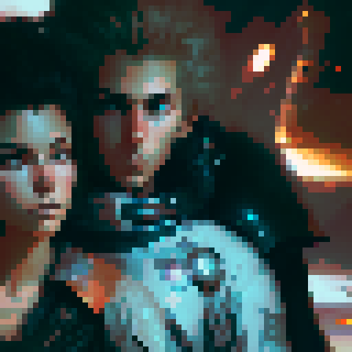 female redhead warrior sad, tall male android comforting her, spaceship background, pixel art, fantasy RPG