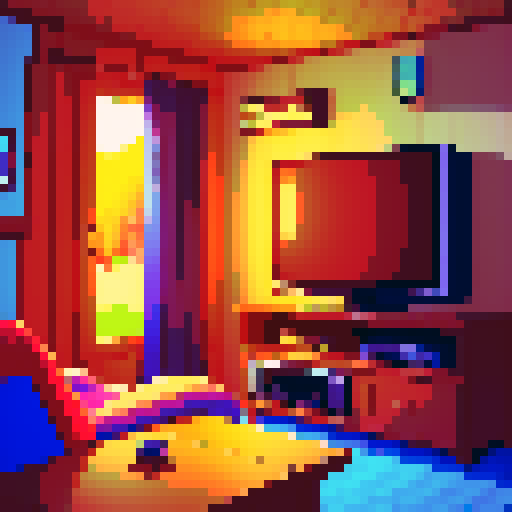 subject is Retro game console, controller plugged into old tv, TV shows image of a cabin on screen, in a cozy room
