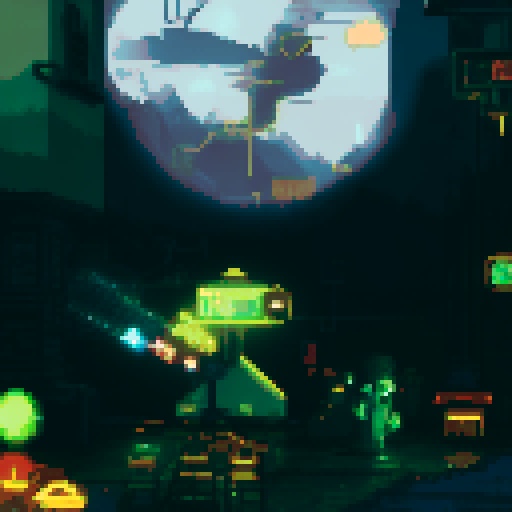 A pixelated arcade room bathed in neon lights, where vintage arcade machines flicker with eerie glow. Ghostly figures stand around, playing games that emit haunting electronic melodies.