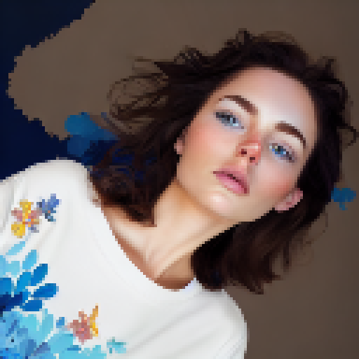 Brown-haired, blue-eyed girl in 128x128 pixel portrait style, surrounded by vibrant flowers and butterflies.