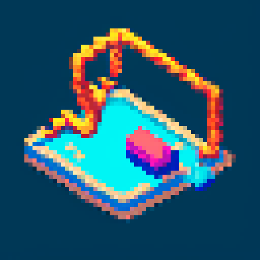 grappling hook, pixelated rope, vibrant colors, detailed metal, retro game style, isometric view, textured handle, 8-bit pixels, shiny metallic, intricate mechanism, sharp hooks, minimalistic design