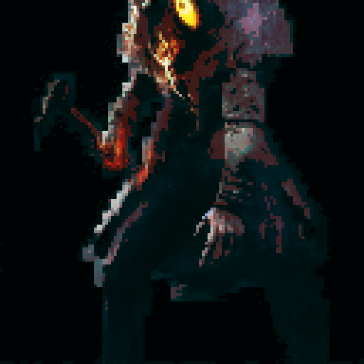 robot, black cloak with yellow edges, bright yellow eyes and jaw, fog, hunchback, sRGB, pixel art, background, landscape