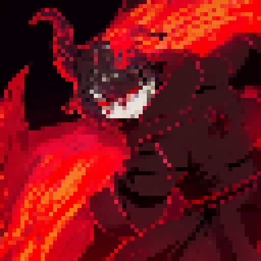 Rogue assassin and demon slayer, adorned in red and black garb, fiercely battle amidst a Yo-Hokki Style world of swirling smoke and sharp-edged shadows.
