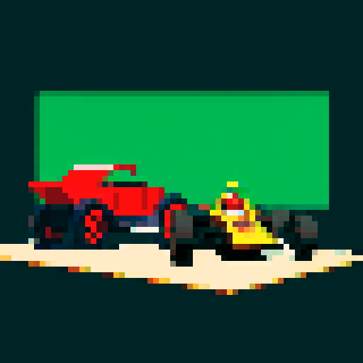 An old model T in a dark color next to a bright formula 1 car