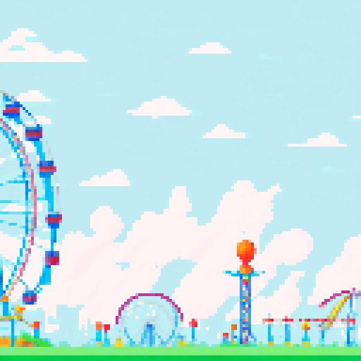 wide shot amusement park, vibrant colors, whimsical carousel, towering roller coaster, ferris wheel in motion, candy-colored stalls, pixel art style