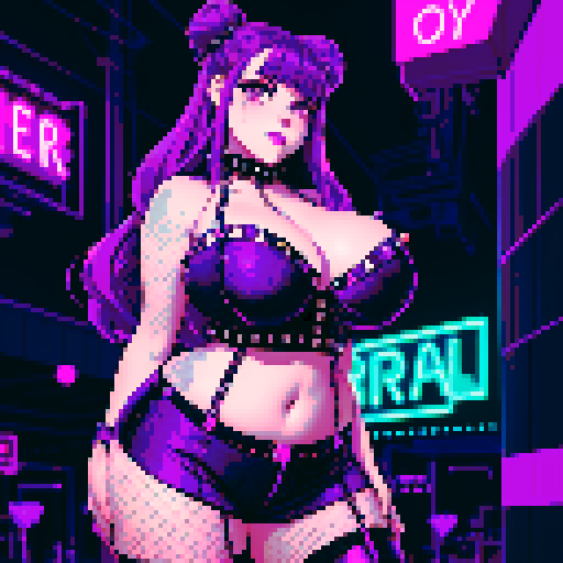 Portrait of Thicc, curvy, busty goth babe with studded collar, long purple hair in buns, fishnet stockings, studded halter top, dancing on nightclub, neon signage. pixel art, sRGB. 