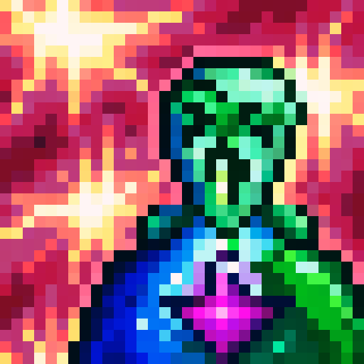 Craft a bubbling, neon green mana potion in a 32x32 pixel art style with intricate details and glowing highlights, featuring a close up portrait of a skilled alchemist mixing ingredients in a mystical cauldron.