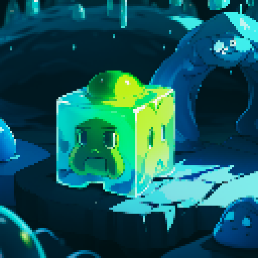 Blue Slime cube, Gelatinous cube, wearing crown, giant Slime, boss fight
