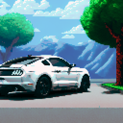 photorealistic gray ford mustang, centered, right wheel forward, white clean background, pixel art, sRGB 