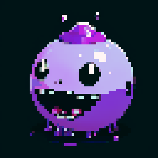 A dangerous slime with a toxic purple hue, emitting a faint glow. It has sharp, sinister eyes and a menacing expression, with toxic bubbles inside. No background.

