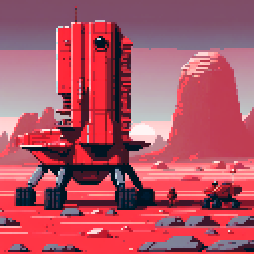 Single building, towering red structure with sharp angles, surrounded by a barren landscape, adorned with retro-futuristic details, showcasing pixelated Mars rovers exploring the rocky terrain in vibrant shades of ARNE 32