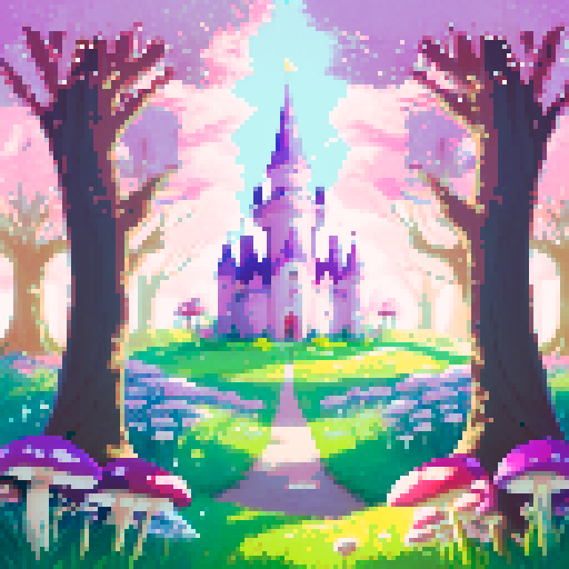 A magical battleground viewed from the inside of a vibrant forest clearing, with a flat grassy surface dominating the foreground. Glowing mushrooms and sparkling flowers line the edges, while tall, enchanted trees and distant castle spires form the background. Soft pastel colors and ambient magical light create a whimsical yet open space for battles.