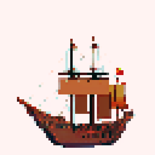 pixel art, detailed, 2d, sideview, steampunk, simple, simple shapes, falling apart, ship, no background, full side view of ship, side view aspect