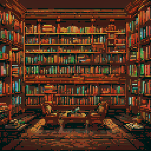 Create a highly detailed 256x256 pixel art background of a large, magical library interior in a fantasy × futuristic fusion style. The scene should feel vibrant, whimsical, and intellectually magical, with a visually rich and colorful composition.

Key setting details:
– The library is expansive with tall shelves that stretch into the background, blending ornate fantasy woodwork with sleek futuristic tech (e.g., arcane-etched metal, glowing glyphs).
– Bookshelves are filled with glowing books, s