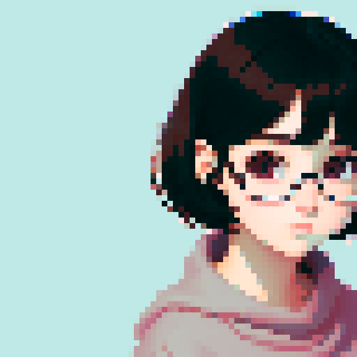 portrait, sprite art, young shy woman, cozy, cute, dark hair, dark eyes, neutral, curious, autistic, nerd
