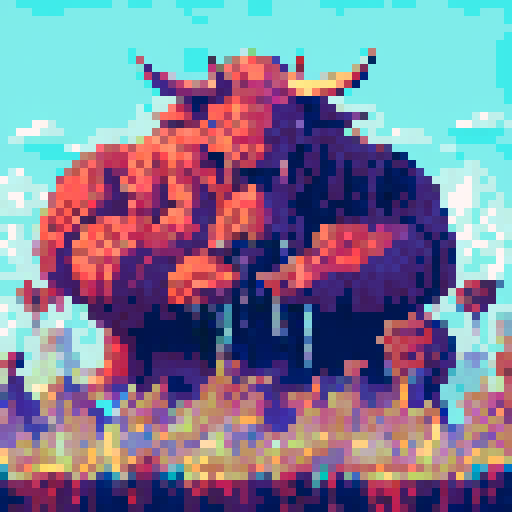 Huge, horned monster towering over a sea of tiny partygoers, all dancing to neon lights in a whimsical, surreal landscape