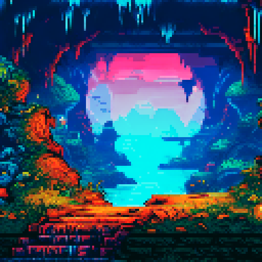 A dark cavern scene with dark stone Stalagmites and Stalactites, glowing red eyes peering from the darkness in the background, and golden treasure and loot scattered across the floor shining