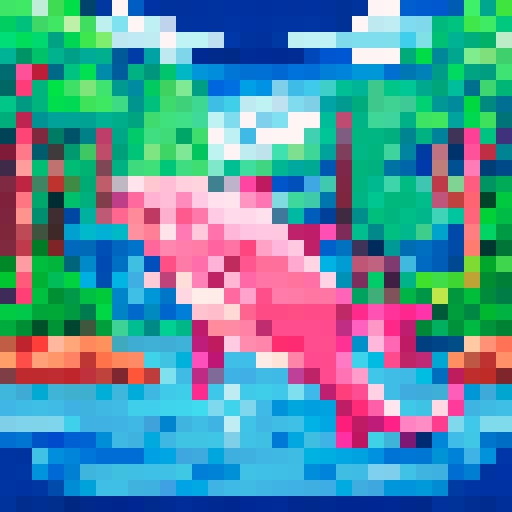 a pink dolphin jumping in a river in the middle of a rainforest