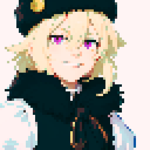 Solo male with perfect anatomy, straight-on, inframe, facing viewer, with round pupils, light blonde hair between eyes, wearing an ushanka hat with a black fur collar, a black vest, puffy sleeves, and black elbow gloves, his light pink eyes looking at the viewer, smile, in a pixel art style with sRGB colors, half closed eyes, best quality, stylised