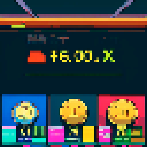 Title screen, pixel art, sRGB, financial report, bar graph, pie chart, line graph, dollar signs, calculator, banknotes, coins, stock market, growth, success, arrows, upward trend, data visualization, vibrant colors, retro, 8-bit, computer screen, numbers, statistics, infographic, money, wealth