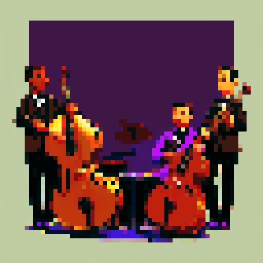 jazz musicians playing instruments, drums, double bass, in a dim bar, black, purple, brown, gold, pixel art style, sRGB