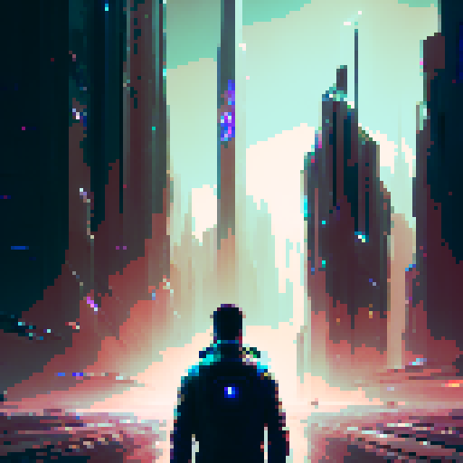 "Sharp-dressed man navigates a futuristic cityscape of towering glass buildings and neon lights, his determined expression reflected in the reflective surfaces around him, all rendered in a sleek, minimalist art style."