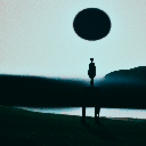 Pixelated alien photographer, capturing surreal landscapes with a vintage camera